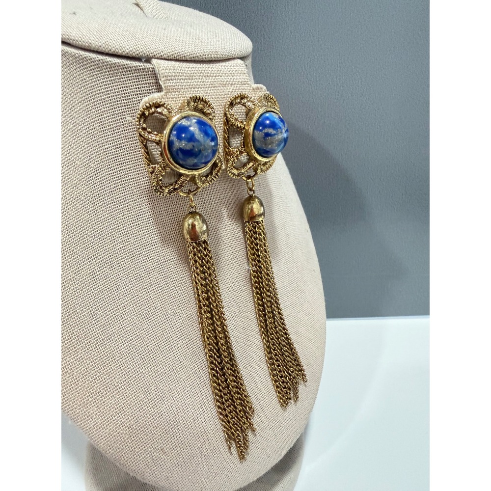 Vintage Gennaro Blue Marbled Glass Cabochon Tassel Drop Earrings Gold Tone